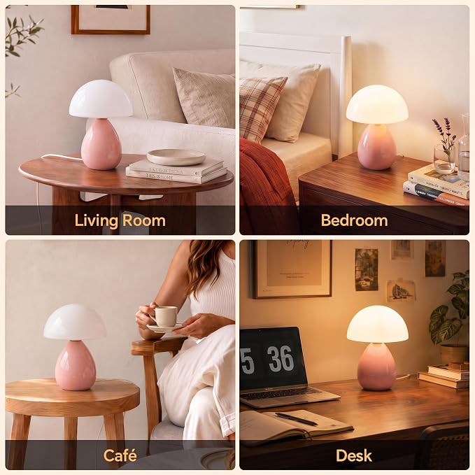 Mushroom Lamp Table Lamp for Bedroom-Small Desk Table Lamps,Pink | Ice Crackle 10.08" Mid Century Modern Table Lamps for Living Room Bedroom Decor,Ceramic Lamps for Home Room Decor,Glass Shade