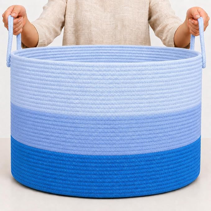 OrganiHaus Round Toy Basket & Blanket Basket, Cotton Rope 20x13" | 3-Toned Blue - Round Cotton Rope Basket, 20x13"