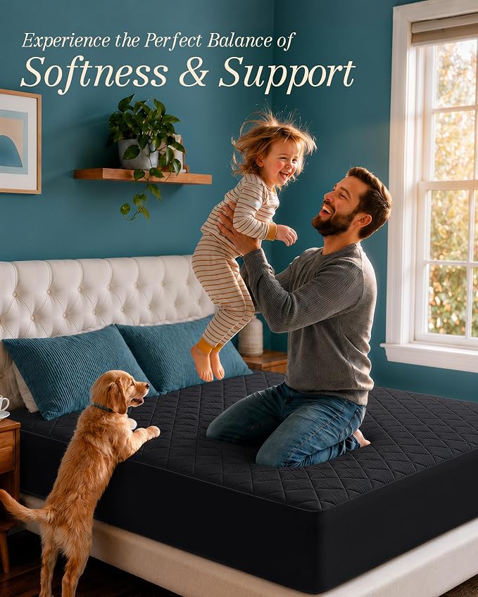 Quilted Mattress Pad, Queen Mattress Protector Topper fits 16" Deep, Black | Soft Breathable Fitted Mattress Cover, Noiseless, Deep Pockets & Machine Washable for Home & Hotels by Utopia Bedding