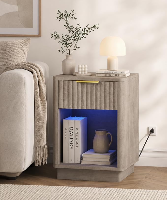 Akxomel Fluted Nightstand Set 2 Bedside Table with Charging Station Greige | Wooden Side Table with LED Light, Modern Mid Century End Table with Drawer, 15" D x 15.7" W x 22.6" H, for Bedroom