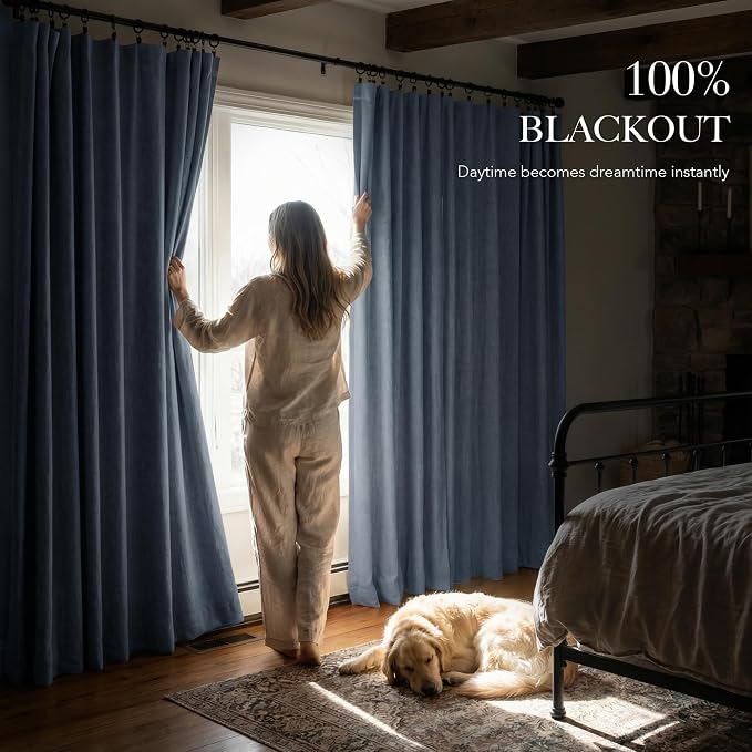 RYB HOME Smoky Blue 100% Blackout Linen Curtains 72 Inch Long for Bedroom | Rod Pocket Back Tab, Thermal Insulated Privacy Assured, for Bedroom Office Nursery Living Room Dormitory, W52 x L72, 2 Panels