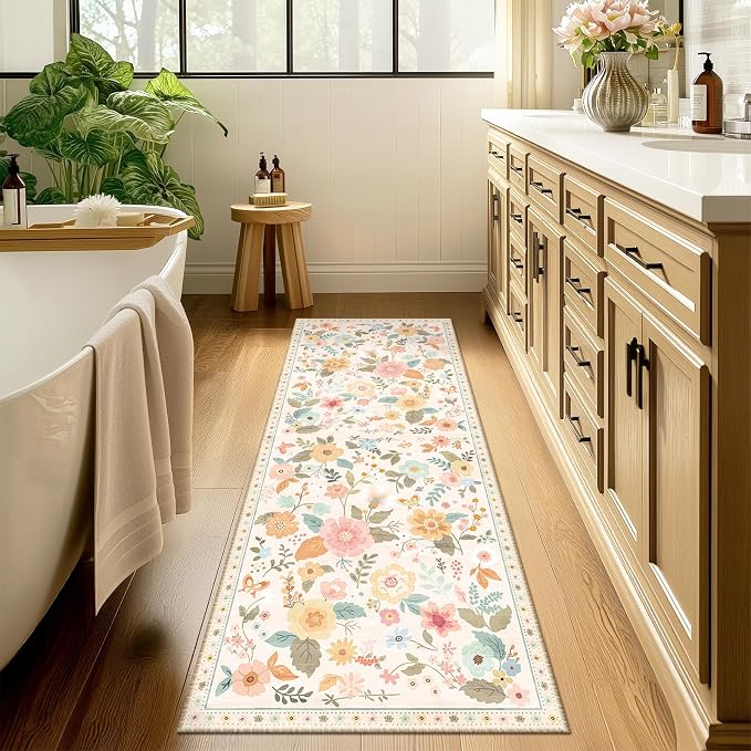 Floral Washable 2x8 Area Rugs Runner Entryway Hallway Beige/White/Orange | Flower Carpet, Print, Boho, Non-Slip, Easy to Clean, Low Pile, Soft, for Living Room Bedroom Kitchen Office Entrance