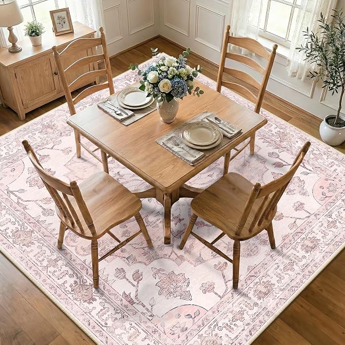 RELEANY Washable Area Rug, Square 8'x8', Pink | Non-Slip, Water Repellent, Pet Friendly, Easy to Clean, Vintage Floral Boho Decor for Living Room Bedroom Dining Room Office