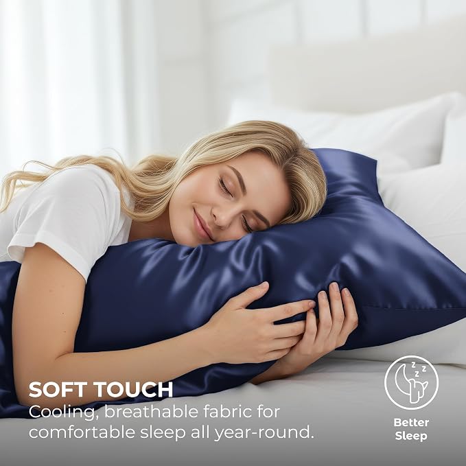 Pure Bedding Satin Pillowcase 2 Pack - Queen Size (20"x30", Midnight Blue) - Silky Pillow Cases for Hair and Skin - Satin Pillow Covers with Envelope Closure - Extra Soft Premium Microfiber