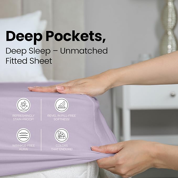 Queen Fitted Sheet, Ultra Soft Fits Up to 16 Inch Deep Pocket, Lavender | Hotel Comfort, Cooling & Breathable Cotton like Polyester, Easy Fit, Wrinkle & Fade Resistant, Snug Fit, Easy Care, Oeko-Tex