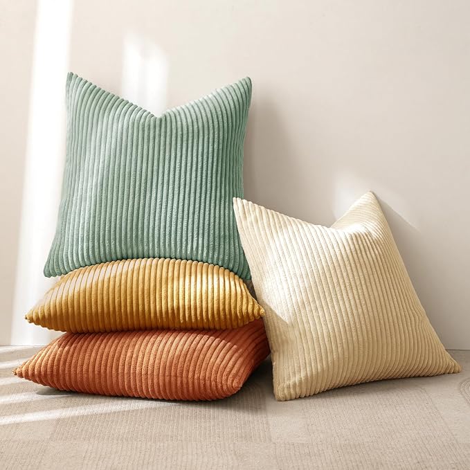 MIULEE Soft Corduroy Decorative Throw Pillow Covers Orange Teal 18x18 | Set of 4, Mordern Rustic Home Decor, Retro Vintage Set, Boho Farmhouse Cushion Covers for Couch Bed Sofa Living Room