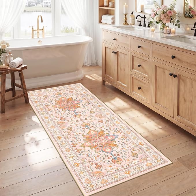 RELEANY Washable Area Rug, Runner 2'6"x5', Pink/Light Pink/Colorful | Non-Slip, Water Repellent, Pet Friendly, Easy to Clean, Vintage Floral Boho Decor for Kitchen Entry Bedroom Bedside Laundry