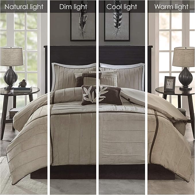 Madison Park Casual Blocks Suede Comforter Set, 7PC King Bedding Set | All Season, with Comforter, Bed Skirt, Decorative Pillows, Shams, Beige Brown, Beige