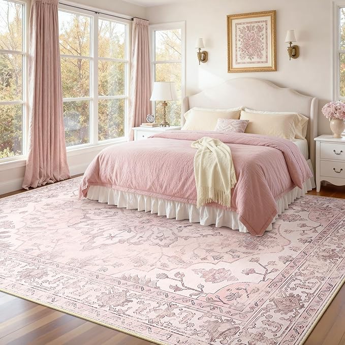 RELEANY Washable Area Rug, 7'x10', Pink | Non-Slip, Water Repellent, Pet Friendly, Easy to Clean, Vintage Floral Boho Decor for Living Room Bedroom Dining Room Office