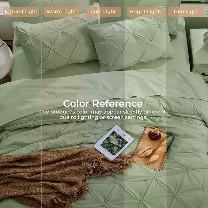 Sasttie Full Size Comforter Set, 7-Piece Bed in a Bag Double, Pintuck Bedding Set for All Season, Includes Comforter, Flat Sheet, Fitted Sheet, Pillowcases and Pillowshams, Pale Green