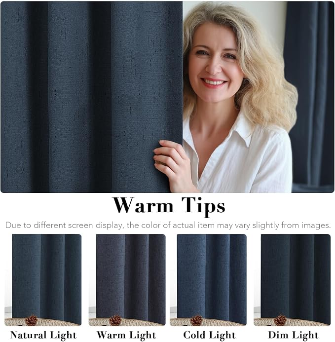H.VERSAILTEX Blackout Curtains Linen Curtains 120 inches Long 100% Black Out Curtains for Bedroom Windows, Textured Linen Look Draperies Grommet with White Liner, 2 Panels, Navy