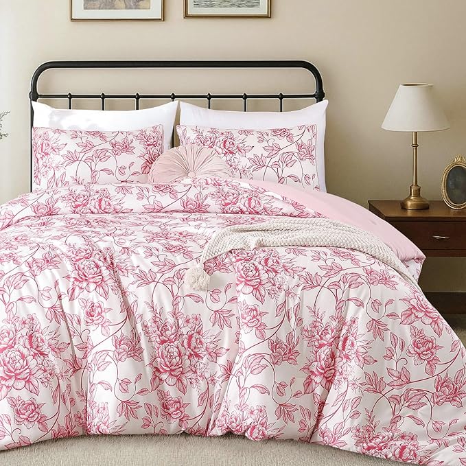 JANZAA Queen Size Comforter Set - Pink Peony Floral Shabby Chic Bedding | 3 Piece Cute Floral Bedding for All Season, 1 Soft Fluffy Breathable Microfiber Comforter Set with 2 Pillowcases