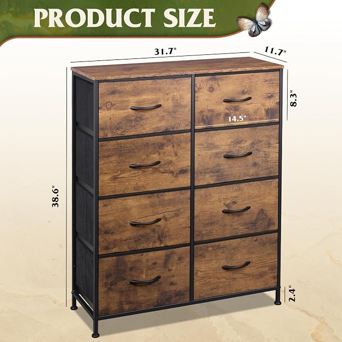 WLIVE 8 Drawer Fabric Dresser for Bedroom, Tall Storage Tower, Rustic Brown | 8-drawer tall storage tower with fabric bins and wood tabletop, breathable non-woven, perfect for bedroom closet dorm