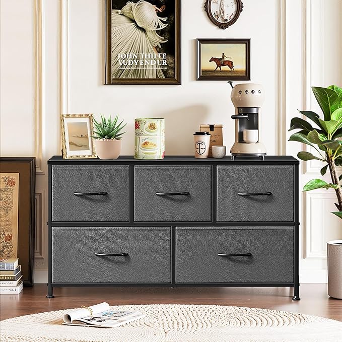5-Drawer Dresser for Bedroom, Anti-Tip Wide Storage Organizer Fabric | Chest of Drawers TV Stand for 45" TV with Wooden Top and Metal Frame for Closet, Living Room, Hallway, Entryway, Gray