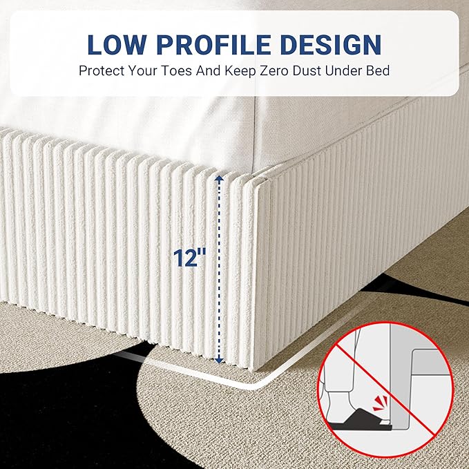 Allewie Full Bed Frame, Adjustable Corduroy Headboard, Platform, White | Adjustable Headboard, Corduroy Fabric, Low Profile, Wooden Slats, 800 lb Capacity, No Box Spring Needed