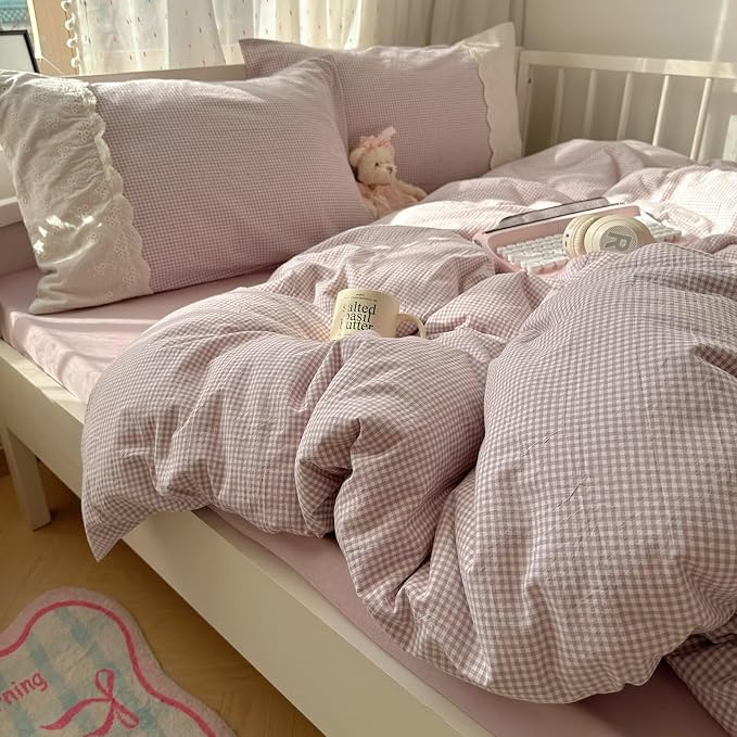 mixinni Purple White Gingham Duvet Cover Queen Size - 3 Piece Cottagecore Plaid Bedding Set with Lace Trim, Soft Washed Microfiber Vintage Aesthetic Grid Comforter Cover & Pillow Shams