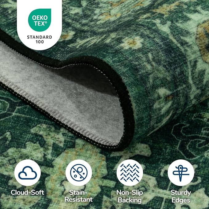 5 x 8 Washable Area Rugs for Living Room,Soft Non Slip Carpet Green | Durable Stain Resistant,Kid Pet Friendly,Compatible with All Vacuums,0.25inch Low Pile for Bedroom Dining Room Home Office