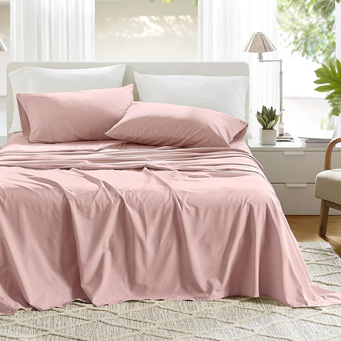 Comfort Spaces 100% Cotton Percale Sheets King Sheet Set 4 Pcs, Pink | Crisp, Cool & Breathable Bed Sheets, 14" Deep Pocket Fits Up to 16" Mattress, Lightweight, All Season Cozy, with Pillow Case