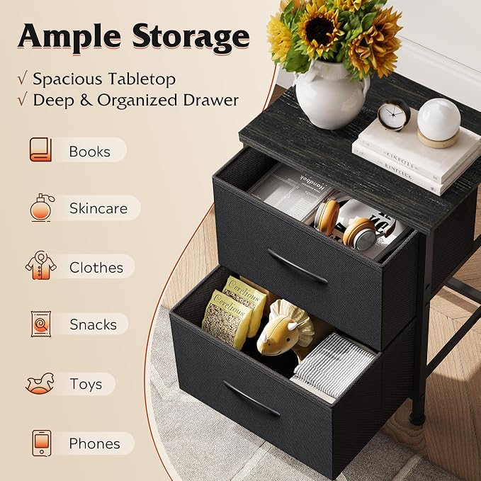 WLIVE Black Night Stand, Small Dresser with 2 Drawers & Wooden Top, Nightstand with Fabric Bins, Bedside Table End Table for Bedroom, Closet, Entryway, College Dorm, Charcoal Black | Versatile Small Side Table, Sturdy Metal Frame & Adjustable Feet, 15-...