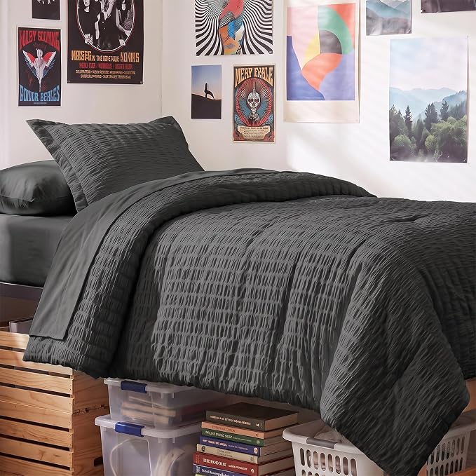 Twin Comforter Set, 5 Pieces Dark Grey Seersucker Bed in a Bag | OEKO-TEX Certified, All Season Bedding Sets with 240 GSM Down Alternative Comforter, Flat & Fitted Sheets, Pillowcase & Sham