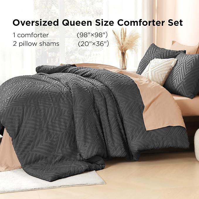 Litanika Oversized Queen Comforter Set, 3 Pcs Tufted Boho Bedding Set | Dark Grey Farmhouse Shabby Chic Vintage Bohemian Textured Aesthetic Soft Fluffy Lightweight Breathable All Season Bed Set