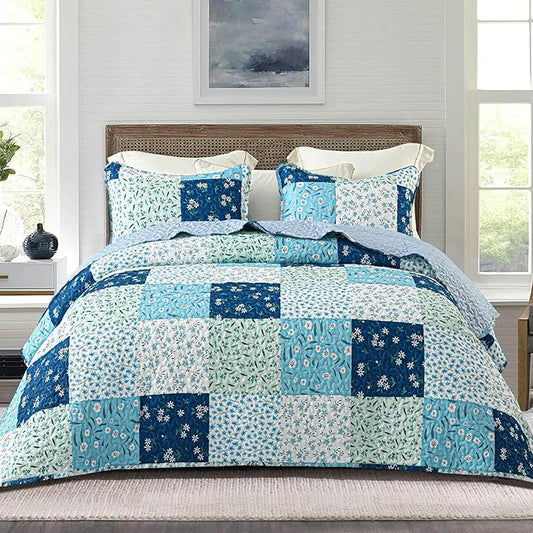 Whale Flotilla Patchwork Quilts Twin Size, Extra Soft Floral Bedspreads | Blue Reversible Lightweight Twin Quilt Bedding Set for Bed, Printed Coverlets with 1 Pillow Sham for All Seasons