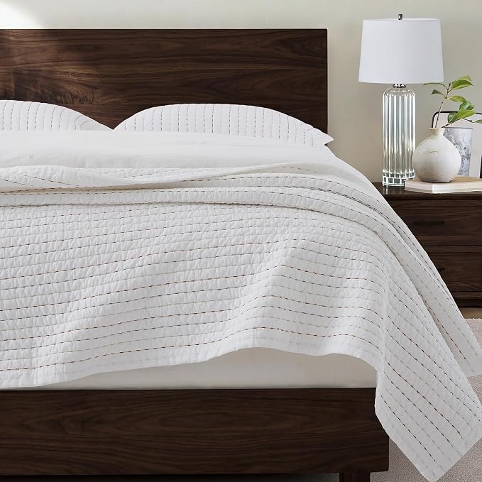 HORIMOTE HOME 100% Cotton Queen Size Quilt Set, White Pre-Washed Striped Channel Stitch Bedding Set, Cozy Lightweight Bedspreads Coverlet Set with 2 Shams for All Season, 3 Pieces