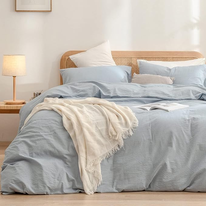 BESTOUCH Cotton Solid Duvet Cover Set Cornflower Blue Oversized Full | 100% Washed Cotton, Soft Wrinkle Texture, Hidden Zipper, 8 Ties, Breathable Lightweight Durable Comfy, 3 Pcs No Insert