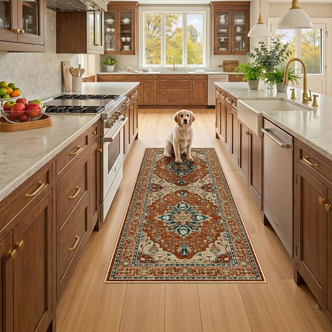 RELEANY Washable Area Rug, Runner 2'x5', Red/Orange/Blue/Brown | Non-Slip, Water Repellent, Pet Friendly, Easy to Clean, Vintage Floral Boho Decor for Kitchen Entry Bedroom Bedside Laundry