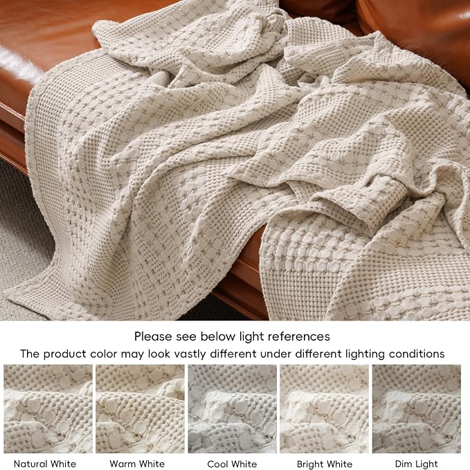 PHF Lightweight 100% Cotton Waffle Blanket for Bed, King, Light Taupe | Pre-Washed Soft Cotton Comfort, Breathable Layering Warmth for Fall & Winter, Bed, Sofa, Couch, Home Decor & Gifts
