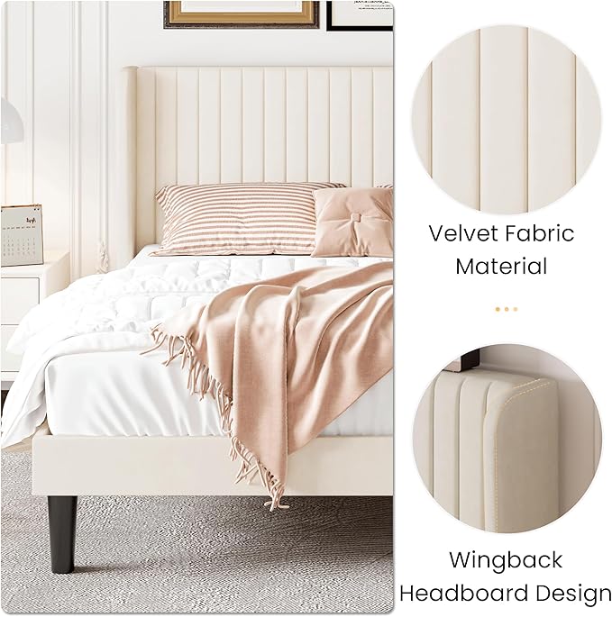 SHA CERLIN Queen Size Velvet Bed Frame, Tufted Wingback Headboard, Cream | 47'' Modern Vertical Channel Headboard, Upholstered Platform Bed, Wood Slats, No Box Spring Needed, Easy Assembly, Noise Free