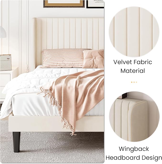 SHA CERLIN Full Size Velvet Bed Frame, Tufted Wingback Headboard, Cream | 47'' Modern Vertical Channel Headboard, Upholstered Platform Bed, Wood Slats, No Box Spring Needed, Easy Assembly, Noise Free