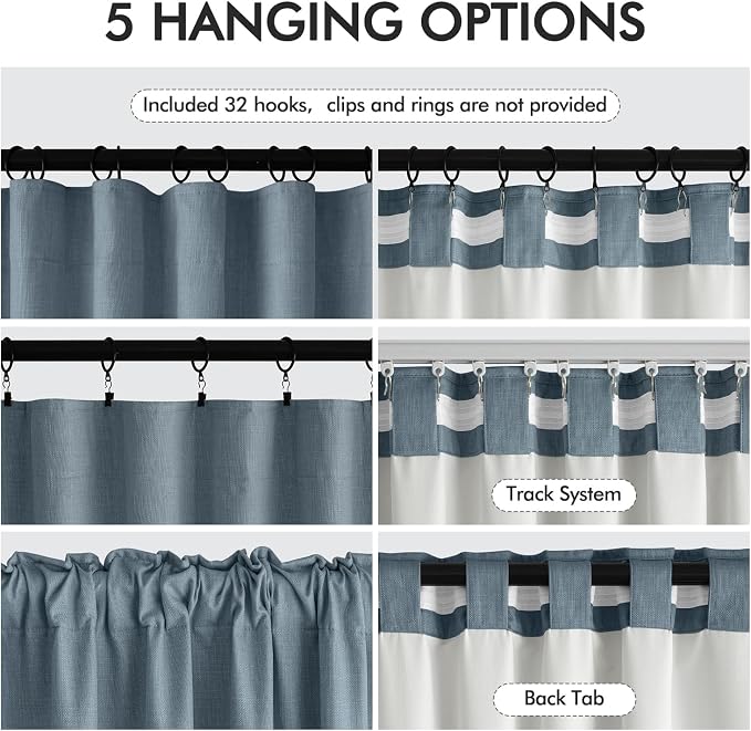 MIULEE 100% Blackout Back Tab Pleat Linen Curtains 50" Wx84 L,Stone Blue | 2 Panels,Thick Faux Linen,Floor to Ceiling,with Hooks,for Bedroom Living Room,Black Out,Room Darkening