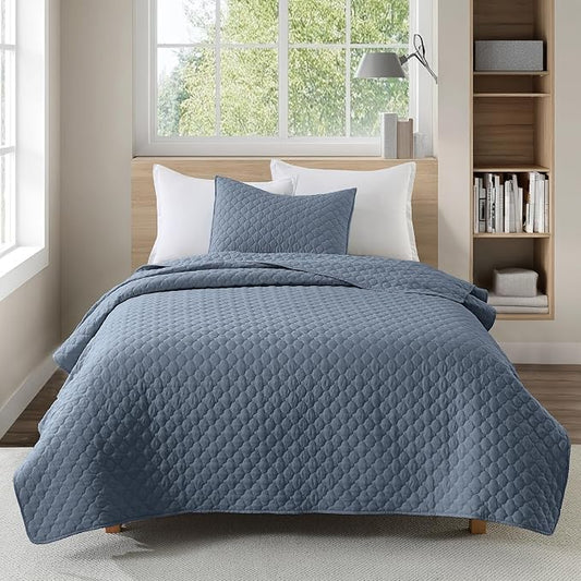 HORIMOTE HOME Quilt Twin Size Dusty Blue, Lightweight Quilt for Summer Ultra-Soft Microfiber Modern Style Quilted Clouds Pattern Bedspread Quit Set 2 Pieces (1 Quilt and 1 Pillow Sham)