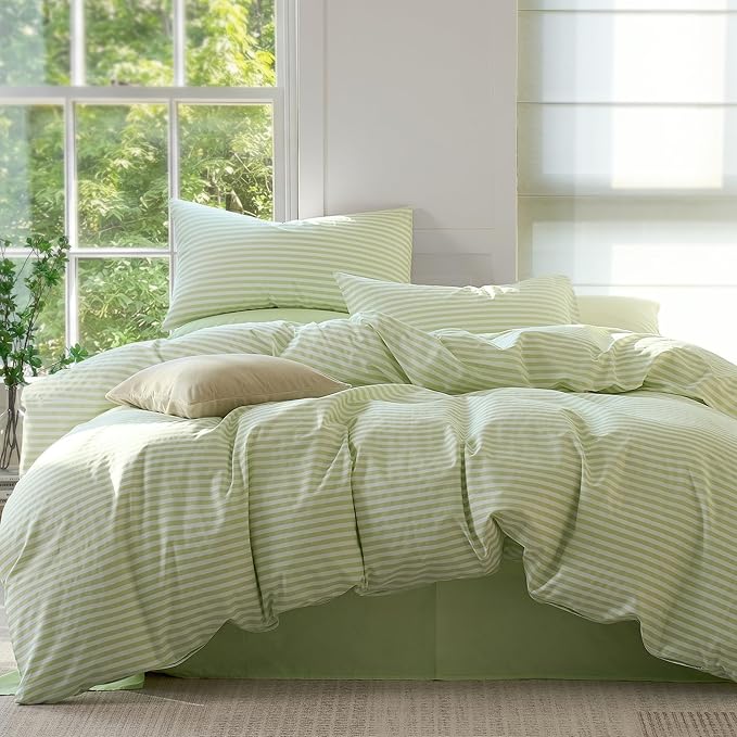 JELLYMONI 100% Cotton Printed Striped Queen Duvet Cover Set, Sage Green | Breathable and Soft, Classic Stripes, 8 Corner Ties & Double-Head Hidden Zipper, For Master or Guest Bedroom
