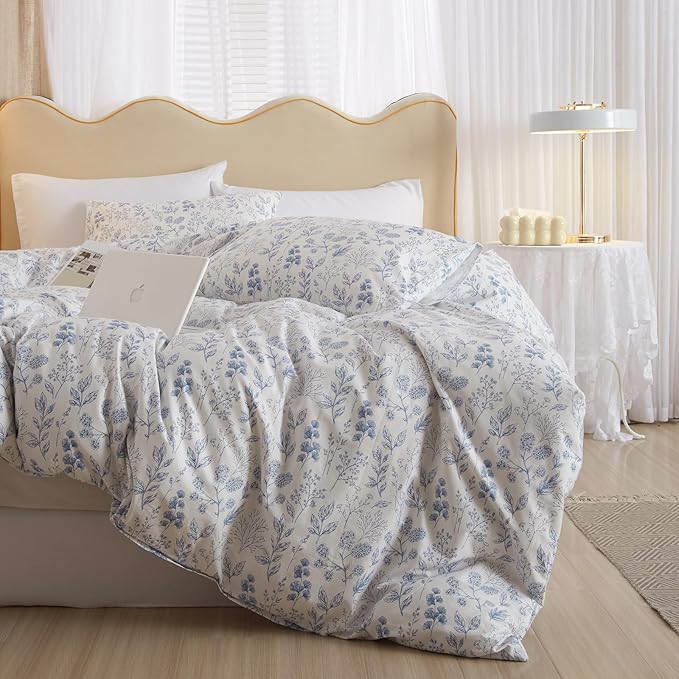 mixinni Girls Blue Flower Leaves Pattern on White Duvet Cover Twin Size Soft Cotton Bedding Comforter Cover Set with Zipper Closure 4 Corner Ties for Teenage Girls (1 Duvet Cover + 2 Pillowcases)