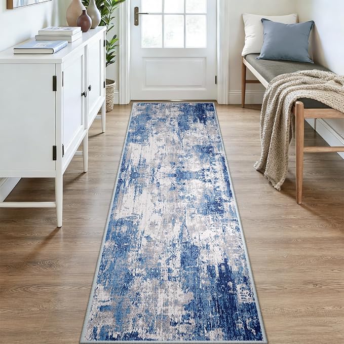 RELEANY Washable Runner 3'x9' Abstract Area Rug for Hallway Blue Gray | Carpet for Kitchen, Entryway, Bathroom, Living Room, Bedroom, Printed Pattern, Non‑Slip, Soft, Stain‑Resistant, Easy to Clean