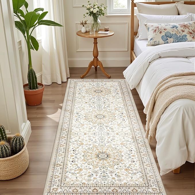 Hallway Runner Rug: 2.6x8 Kitchen Boho Rugs for Living Room Beige | Runner Rug Hallway Washable Rug No Slip Soft Bedroom Rug Indoor Floor Stain Resistant Carpets for Entryway, Laundry, Bathroom