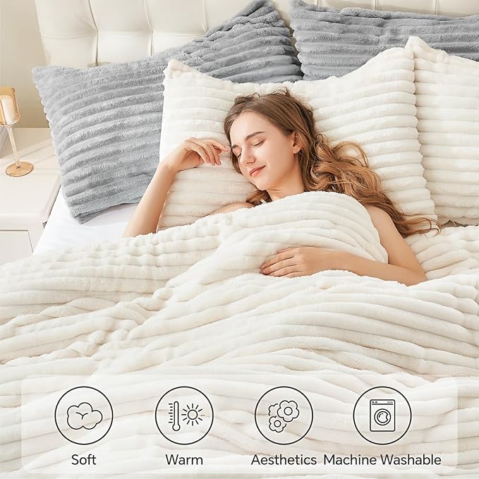 BEDELITE Fleece California King Comforter Set, Fluffy Bed Set, Cream White | Super Soft & Warm Bedding, Luxury Fuzzy Faux Fur Comforter for Winter, Heavy Plush Bedding, with 2 Pillowcases