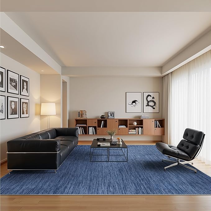 8x10 Area Rugs for Living Room, Large Washable Rug Non Slip Navy | Soft Low Pile, Thin & Lighweight Carpet, Folable Stain Resistant Modern Indoor Floor Mat for Bedroom, Dining Room, Home Decor