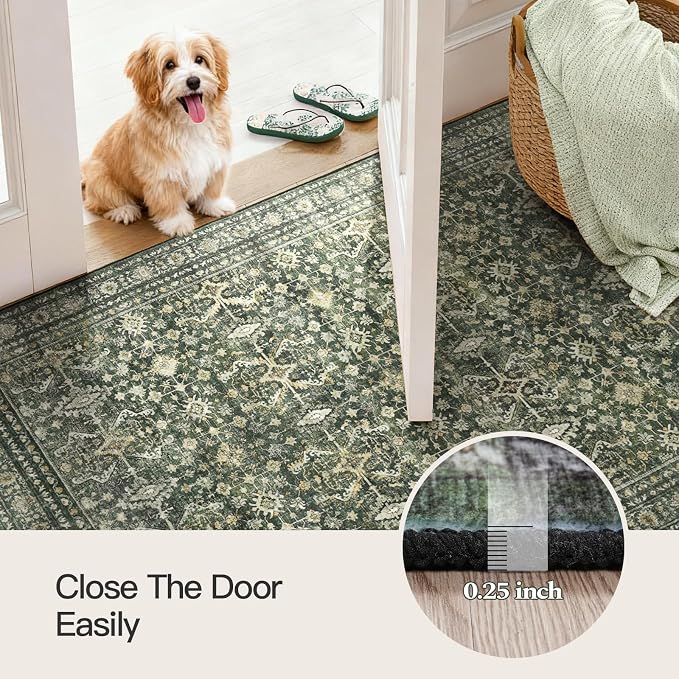 4x6 Area Rugs for Entryway, Green Washable Non-Slip Area Rug for Kitchen | Low Pile Soft Small Rugs, Vintage-Style Carpet for Bathroom Bedroom Tool Room, Stain Resistant Foldable Distressed Rug