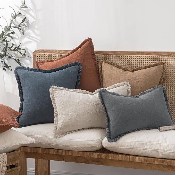 MIULEE Boho Linen Fringe Decorative Throw Pillow Covers Grey 18x18 | Set of 2, Cottagecore Decor, Boho Farmhouse Neutral Pillow Covers, Rustic Couch Cushion Cases for Sofa Bed Living Room