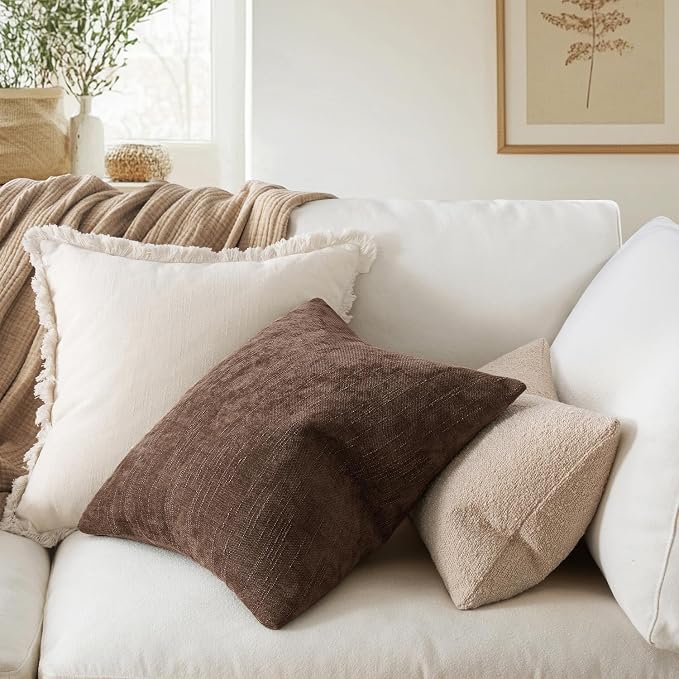 MIULEE 24x24 Inch Euro Textured Chenille Pillow Covers Chocolate Brown | Pack of 2 Decorative Soft Throw Pillows,Solid Textured Cushion Covers,Modern Home Decor for Bed Couch Sofa Bedroom Livingroom