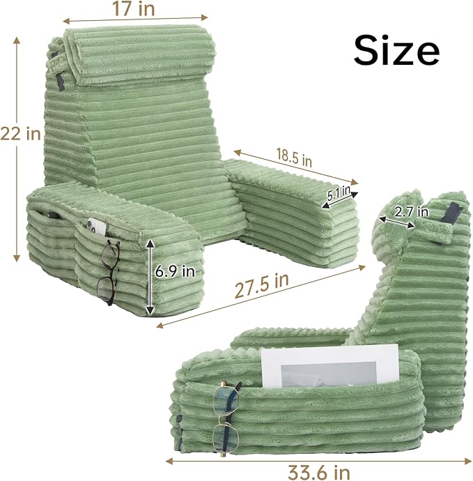 ENITYA 22" XL Back Pillow for Bed Sitting Up with Armrests & Big Pockets | Supportive Reading Pillow with Dual-Layer Foam Design, Ideal for Bedroom, Living Room, Dorm, Modern Style, Sage Green