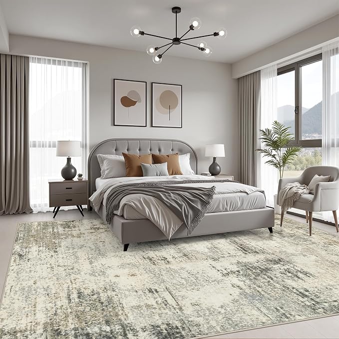 9x12 Area Rug Living Room: Modern Washable Soft Carpet Ash Brown | For Bedroom Dining Room Farmhouse Nursery Hallway Office,Modern Abstract,Machine washable,Non-Slip,Stain Resistant,Indoor