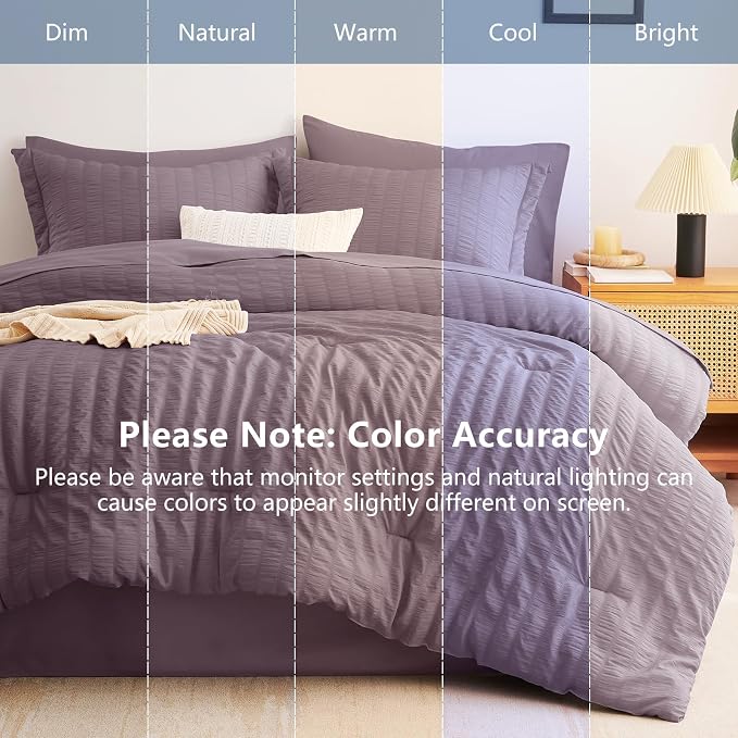 Oversized King Seersucker Comforter Set, Dusty Purple, 120 x 98 in | OEKO-TEX Certified, 7 Pieces Bed in a Bag with 240 GSM Down Alternative Comforter, Flat & Fitted Sheets, Pillowcases & Shams