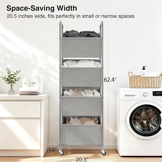 STO STO 4-Tier Vertical Rolling Laundry Hamper, Removable Bags, Gray Faric | 160L Capacity, Space-Saving Vertical Design, Rust-Resistant Steel Frame, Lockable Wheels, Ideal for Apartments & Small Spaces