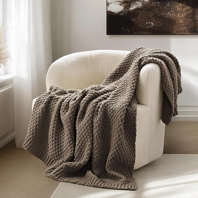 EVERGRACEHOME Chunky Chenille Knit Throw Blanket, 50 x 60, Mocha Brown | Sculpted Moss Stitch, Chic Modern Farmhouse, All-Season Warmth, OEKO-TEX® Certified, Elegant Blanket for Couch, Bed, Sofa