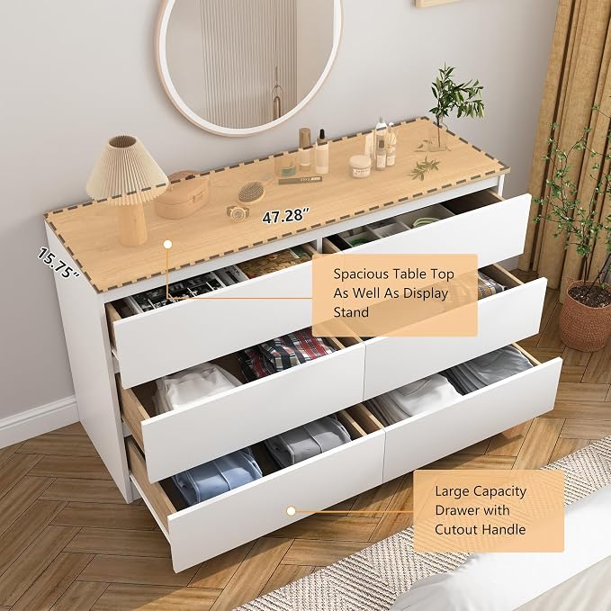 Vibe & Dine White Dresser for Bedroom, Modern 6 Drawer Double Dresser, Wide Chest of Drawers Free Handles for Closet, Living Room, Hallway