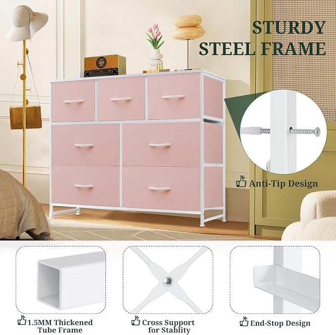 7-Drawer Dresser for Bedroom, Anti-Tip Wide Storage Organizer Fabric | Chest of Drawers TV Stand for 45" TV with Wooden Top and Metal Frame for Closet, Living Room, Hallway, Entryway, Pink